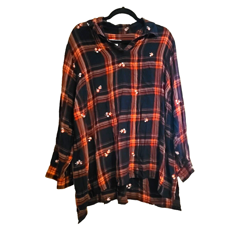 CJ Banks Orange Plaid Embroidered Floral Long Sleeve Casual Top Womans Size 3X